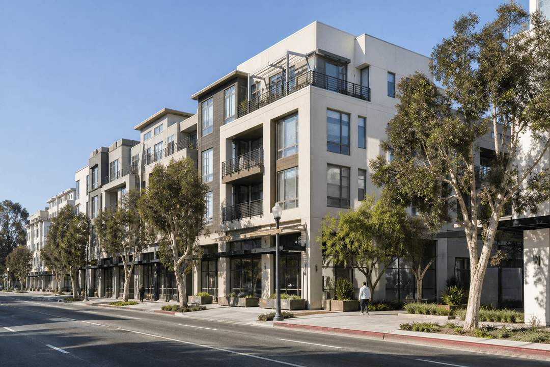 Street-level view of a contemporary mixed-use neighborhood.