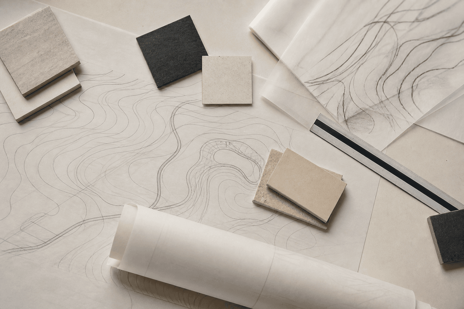 An abstract site-planning map and development study table.