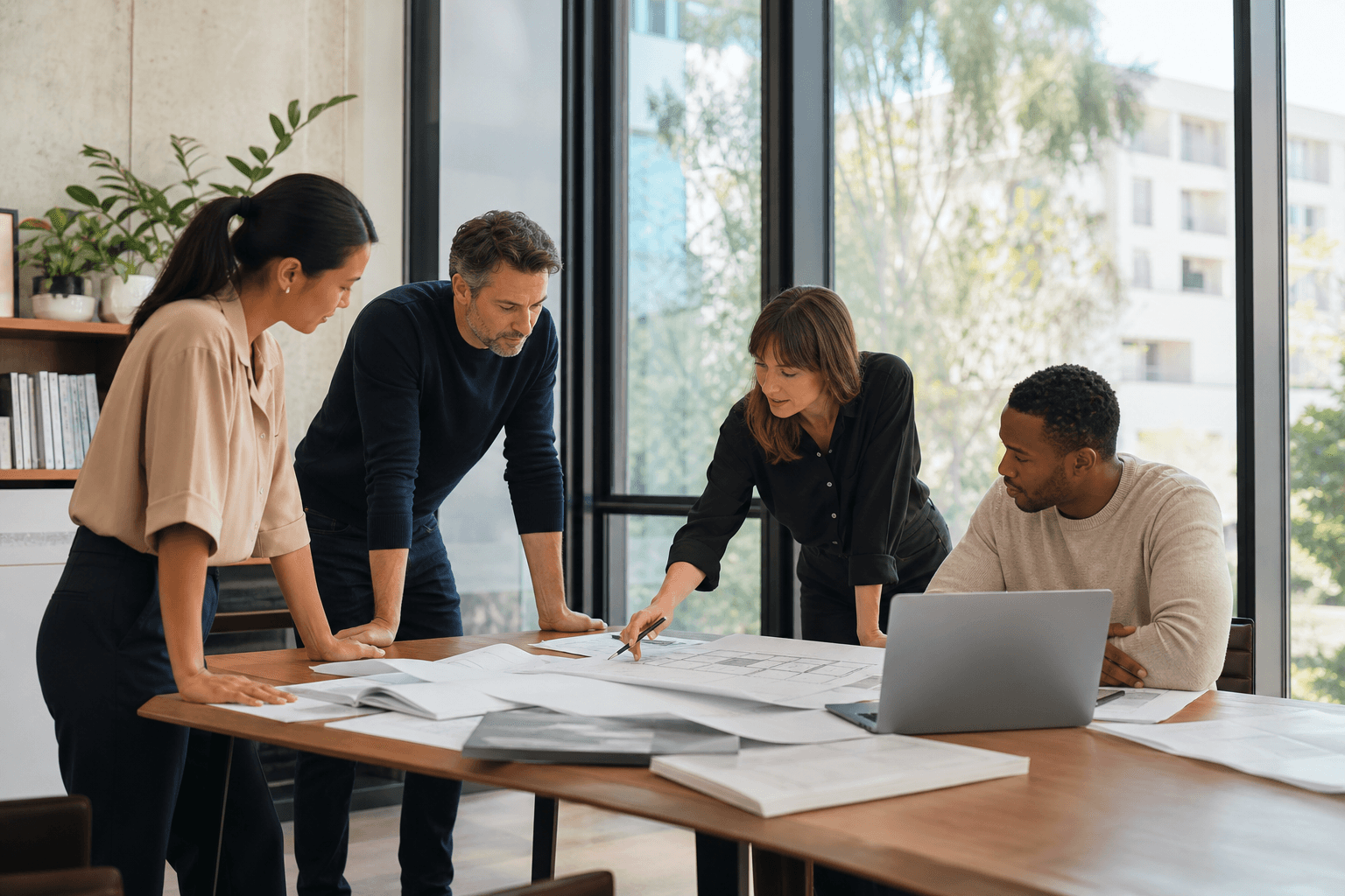 A project team reviewing plans in a light-filled meeting room.